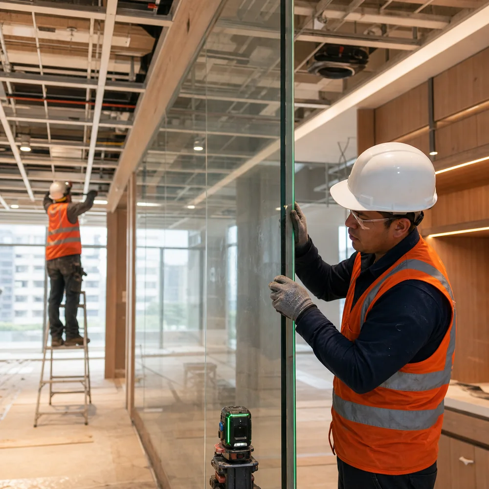 Instaladores ajustan un cerramiento de vidrio en la renovación de una oficina.