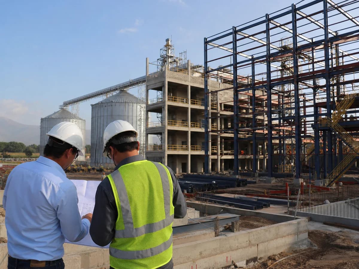 Dos técnicos revisan planos frente a una estructura industrial y silos en obra.