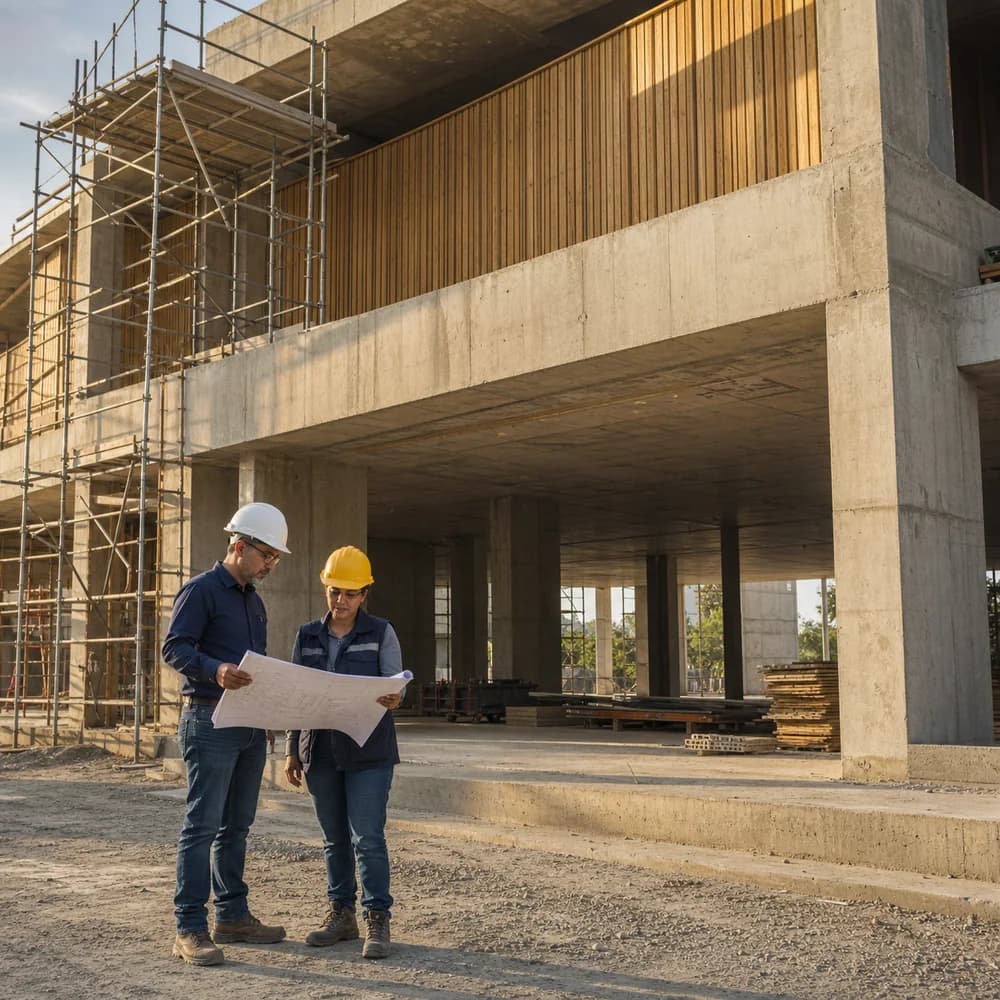 Equipo de obra revisa planos frente a un edificio institucional en construcción.