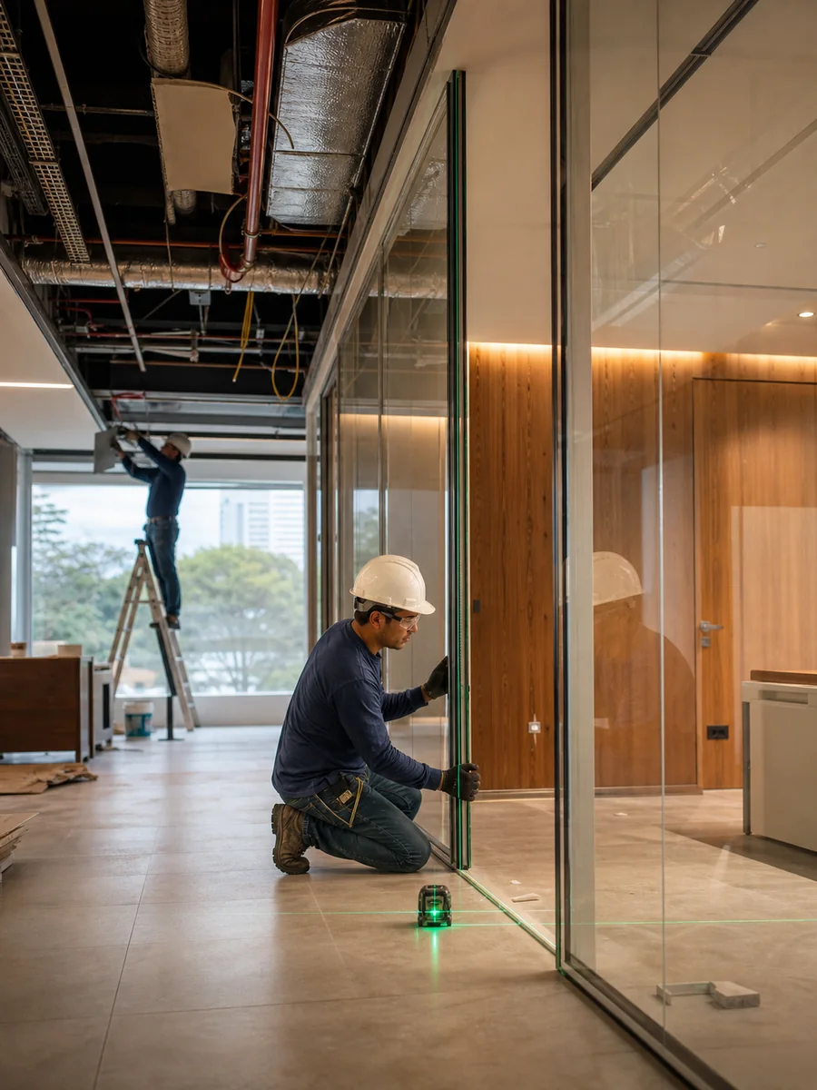Instalador ajusta un cerramiento de vidrio en la renovación de una oficina corporativa.