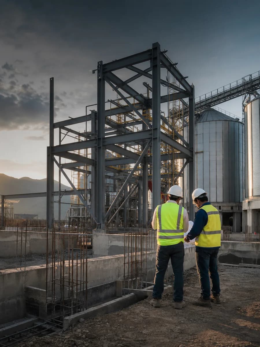 Ingenieros revisan una estructura industrial junto a silos durante una ampliación de planta.