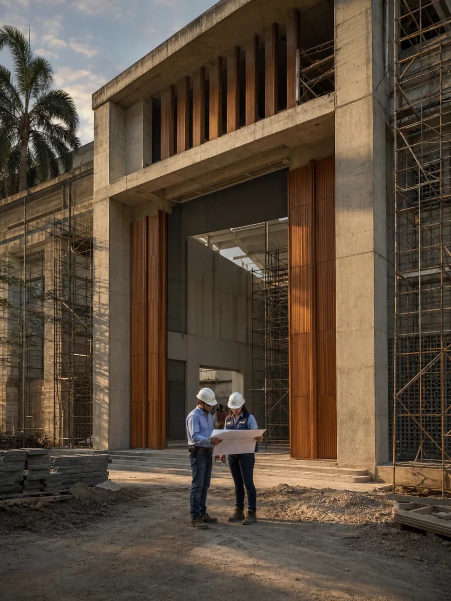 Equipo de obra revisa planos frente a un edificio institucional en construcción.
