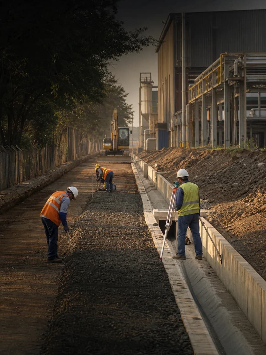Equipo construye un acceso industrial con drenaje y base de pavimento.