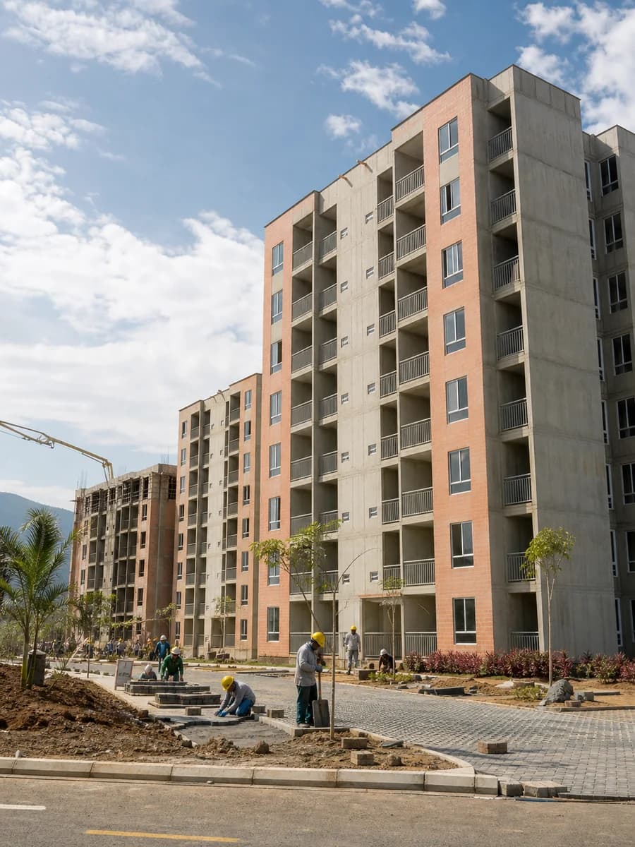 Cuadrilla trabaja en el urbanismo de un conjunto de vivienda en construcción.