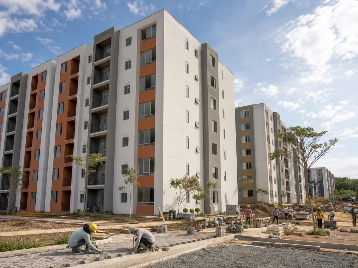 Cuadrilla trabaja en urbanismo frente a edificios de vivienda en construcción.