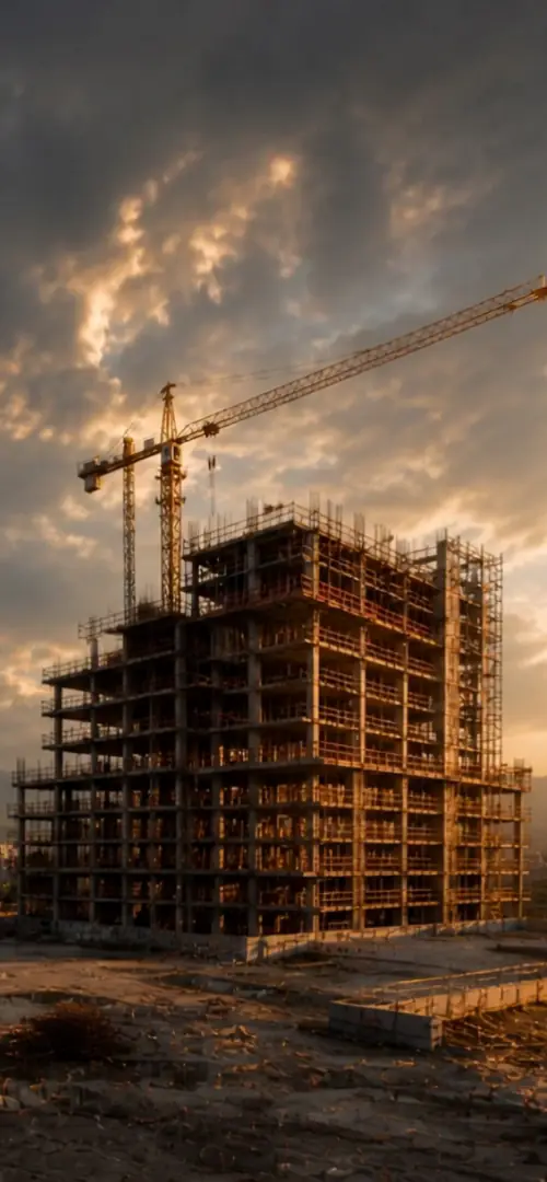 Simulación gráfica: una torre residencial en obra al final de la tarde, con la grúa y la ciudad al fondo.